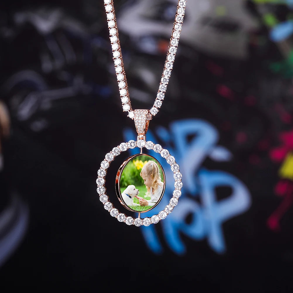 GUCY Custom Made Photo Rotating Double-Sided Medallions Pendant Necklace 4mm Tennis Chain Zircon Men's Hip Hop Jewelry