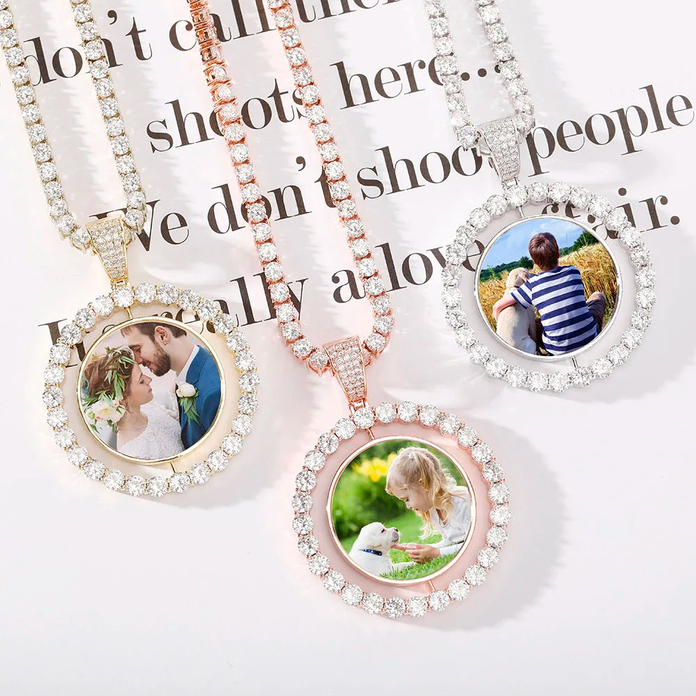 GUCY Custom Made Photo Rotating Double-Sided Medallions Pendant Necklace 4mm Tennis Chain Zircon Men's Hip Hop Jewelry